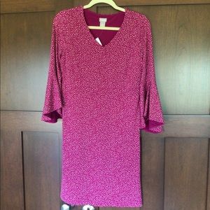 Chicos Raspberry dress, white dotted print, flutter sleeves. Soft silky fabric.